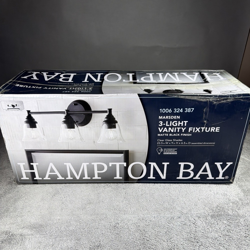 Hampton Bay Marsden 23.5 in. 3-Light Matte Black Vanity w/Clear Glass Shades